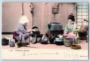 Japan Postcard Preparing Dinner Cleaning Cookware c1905 Unposted Handcolored