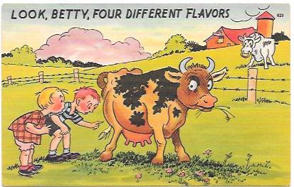 Humorous.  Children see a cow, and a bull on a farm.