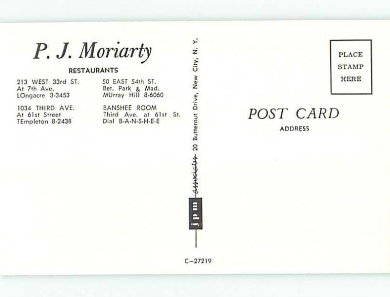 Pre-1980 PJ MORIARTY RESTAURANT AT 4 LOCATIONS New York City NY M8761