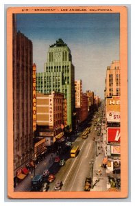 Broadway Los Angeles California Postcard Signs Old Cars Storefronts Texaco Sign