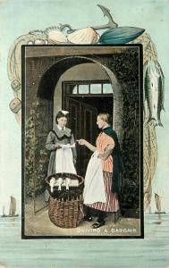 c1906 Postcard Fishwife Driving a Bargain with Housemaid, Nautical Border UK