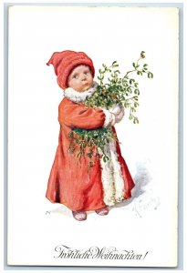 c1910's Merry Christmas Little Girl Mistletoe Berries Winter Austria Postcard