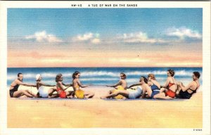 BATHING BEAUTIES Having A TUG OF WAR On the BEACH     c1940's Linen Postcard