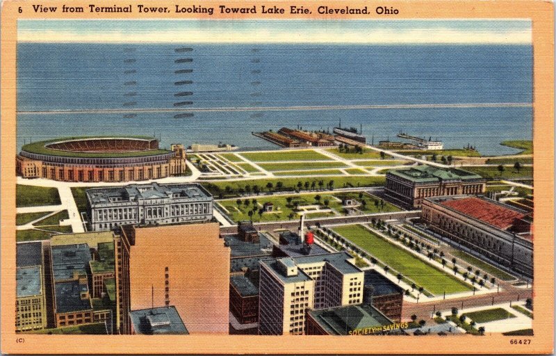 VINTAGE POSTCARD PANORAMIC VIEW OF LAKE ERIE CLEVELAND OHIO W/ INDIAN'S STADIUM