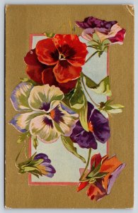 Flower Greets~White Orange Purple Pansies In Portal~Gold~c1910 Vintage Postcard