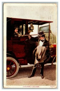 Vintage 1912 Colorized Photo Postcard Woman Snaring Man in Net Antique Auto