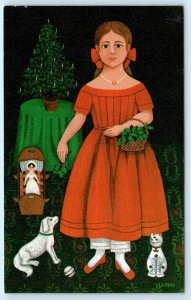 JOAN LANDIS BAHM Artist Signed GIRL IN RED DRESS Christmas Tree  Postcard