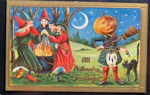 Mint USA Halloween greetings Picture Postcard Pumpkins & Witches