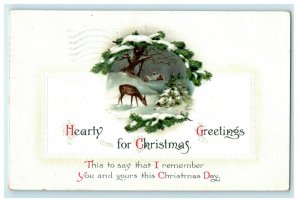 Antique 1920's Christmas Poem Silver Bells Deer Cottage Pine Clapsaddle Postcard 