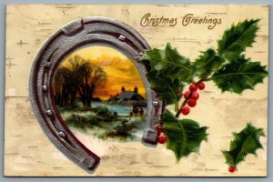 Postcard 1907 Christmas Greetings Scenic View in Horseshoe Mistletoe Winsch Back