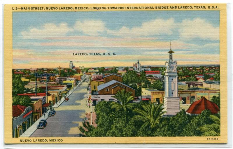 Main Street Nuevo Laredo International Border Laredo Texas linen postcard