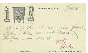 1911 Covert's Saddlery Works, Interlaken, New York ~ Postal Card