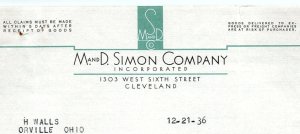 1936 M AND D SIMON CO TYBEST SCARF SINCERE SHIRT CLEVELAND BILLHEAD INVOICE Z578