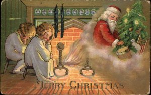 Christmas Children at Fireplace Santa Claus Vintage Toys c1910 Postcard