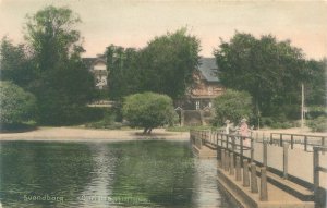 Svendborg Denmark Christiansminde, Women on Bridge Litho Postcard Unused