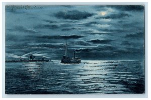 1906 Freighter Entering Chicago Harbor By Moonlight Posted Antique Postcard