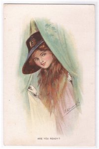 Are You Ready Beautiful Lady artist signed Wimble postcard