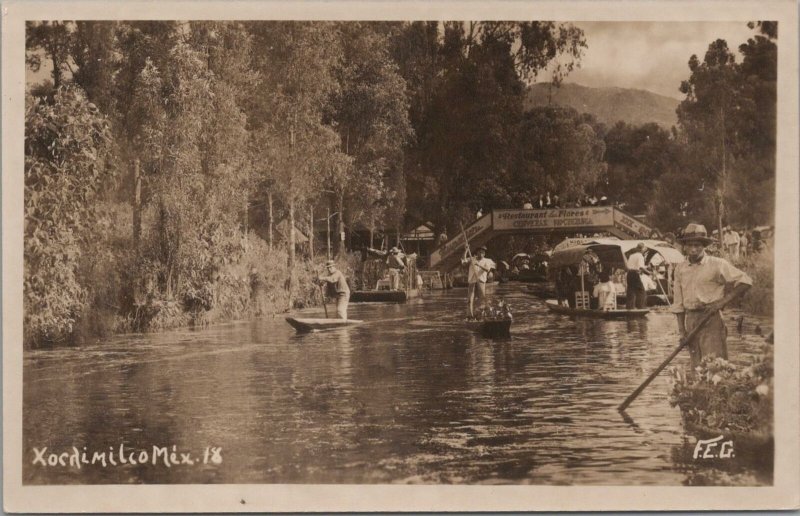 RPPC Postcard Xochimilco Mexico Boats Restaurant Las Flores