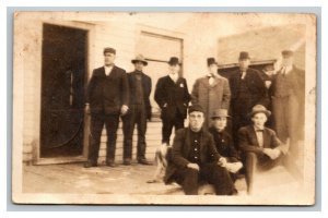 Vintage 1911 RPPC Postcard Group Photo of Men in Hats Back Door of Home