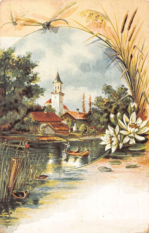 B253 Nature Dragon Fly Lotus Flowers Lake Boats Church Sugar Cane postcard