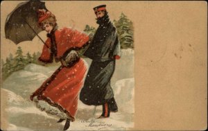 Beautiful Woman Slips in Snow Military Man Beautiful Art Vintage Postcard