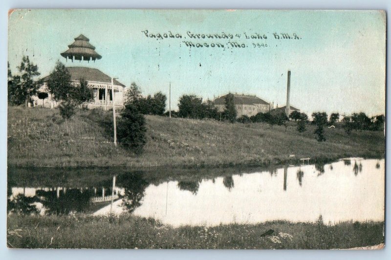 Macon Missouri MO Postcard Pagoda Grounds & Lake R.M.A. Scenic View 1909 Antique