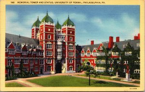 Vtg Memorial Tower & Statue University of Pennsylvania Philadelphia PA Postcard