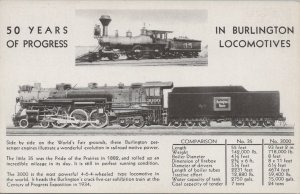 Postcard Railroad 50 Years Burlington Locomotives Train