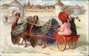 Thanksgiving Boy and Girl Turkeys Pull Wagon c1910 Vintage Postcard