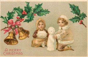 1910 Merry Christmas Children Snow Man greeting #295 Postcard 25-11445
