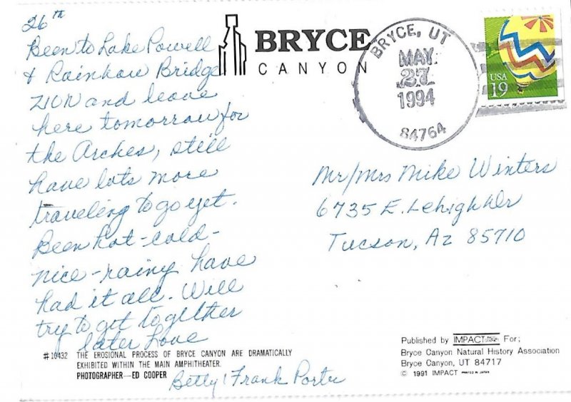 Bryce Canyon National Park Utah Mailed 1994 Hot Air Balloon Stamp    4 by 6