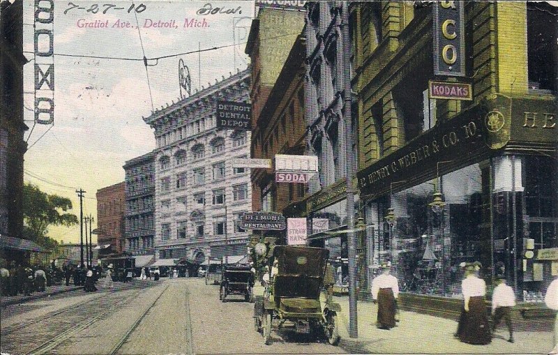 Detroit MI, Gratiot Ave., Kodak Sign, Cars, Dentist Office, 1910, Dental Depot