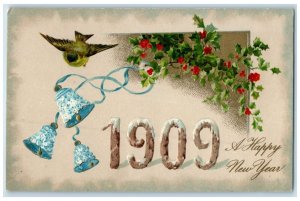 1909 New Year Bells Holly Berries Winsch Bank Embossed Unposted Antique Postcard