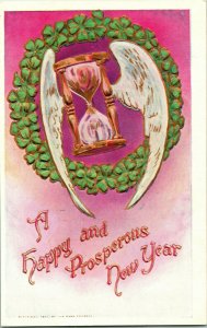 Vtg Carte Postale 1910s Un Happy And Prosperous Neuf An Doré en Relief Sablier