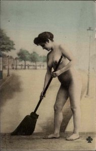 Nude Woman Studio Prop Sweeping w/ Broomc1910 French Real Photo Postcard