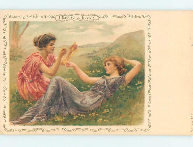 Pre-1907 art nouveau PRETTY GIRLS PLAYING WITH STRING OF FLOWERS HL4183