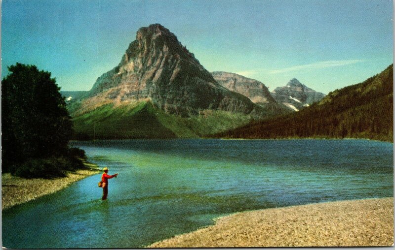 Fishing Two Medicine lake Glacier National Park Montana Rockies VTG Postcard UNP 