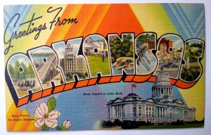 Greetings From Arkansas Large Big Letter Linen Postcard Tichnor Apple Blossom