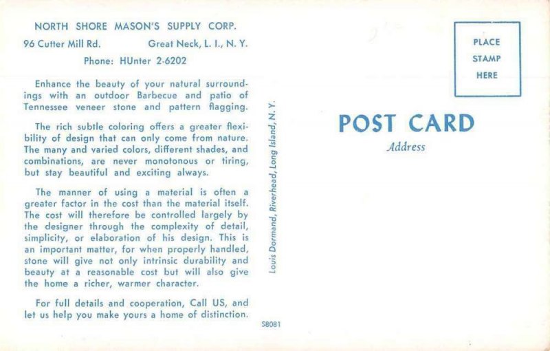 Great Neck Long Island New York North Shore Mason's Supply Ad Postcard JF685309