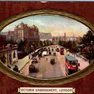 c1910s London, England Victoria Embankment Border Postcard Thames Streetcars A79