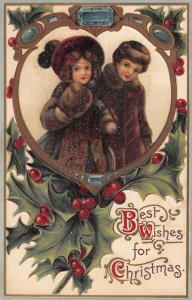 boy and girl in fur coats series 252 christmas postcard c1910 ac 138