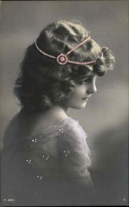 Cute Little Girl Pink Headpiece Vintage Tinted Real Photo A690 Postcard