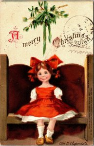 Postcard Clapsaddle Merry Christmas Girl in Red Dress 1907 A14