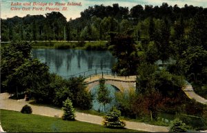 Illinois Peoria Glen Oak Park Lake and Bridge To Rose Island 1911