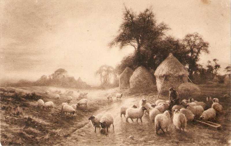 Shepherd with his flock   Fine painting, old vintage English postcard