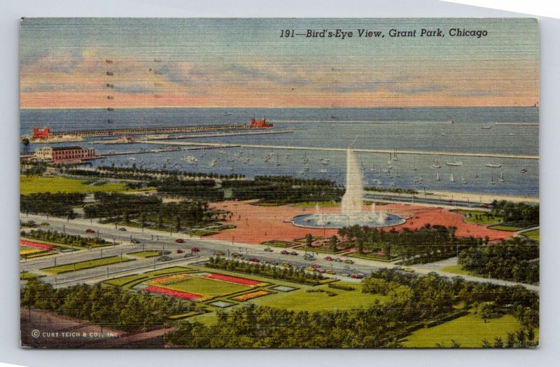 Chicago Illinois Grant Park Scenic Birds Eye View Linen Cancel WOB Postcard