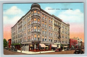 Richmond IN, Westcott Hotel, Automobiles, Linen Indiana c1939 Postcard
