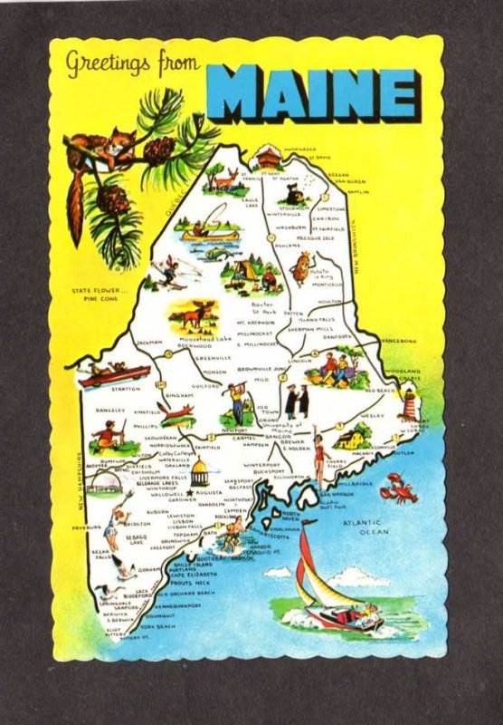 ME Greetings From Maine State Map Postcard York Orono Jackman Machias Calais