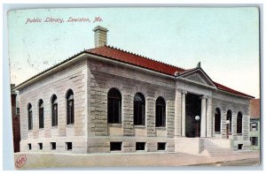 1908 Public Library Exterior Building Lewiston Maine ME Vintage Antique Postcard 