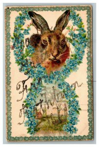 Vintage 1910's Easter Postcard Cute Bunny Blue Flowers Glitter Lettering